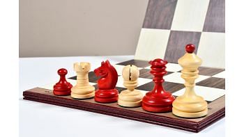 Reproduced Vintage 1930 Knubbel Analysis Chess Pieces in Stained Crimson and Boxwood with Folding Chessboard- 3" King 