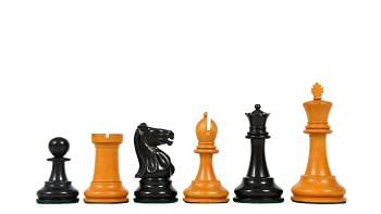 Reproduced Antique 1900 Marshall Staunton Pattern Chess Pieces in Ebony / Antiqued Box Wood with King Side Stamping - 3.75" King