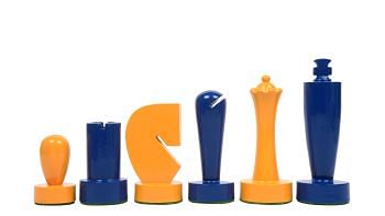 Berliner Series Modern Minimalist Chess Pieces in Blue and Yellow Painted Box Wood - 3.7" King