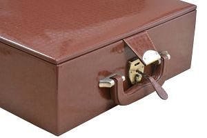 Brown Leatherette Chess Set Coffer Storage Box with Hi-Gloss Crocodile Pattern Finish for 3.6