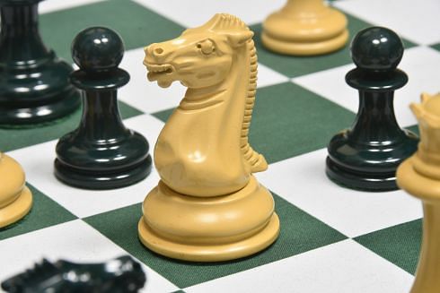 Reproduced 1849 Original Staunton Pattern Chess Pieces Painted in Dark Olive Green and Earth Yellow - 4.5
