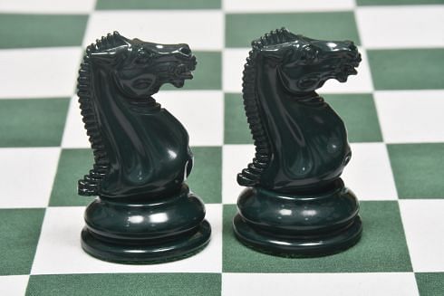 Reproduced 1849 Original Staunton Pattern Chess Pieces Painted in Dark Olive Green and Earth Yellow - 4.5