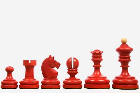 Combo of Reproduced Vintage 1930 German Knubbel Analysis Chess Pieces in  Stained Crimson and Boxwood - 2.91 King with Wooden Chess Board