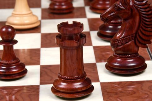 The CB Mustang Series Weighted Chess Pieces in Bud Rose / Box Wood - 4.4