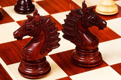 The Sikh Empire Series Triple Weighted Wooden Handmade Chess Pieces in Bud Rosewood (Padauk) and Indian Boxwood - 4.5