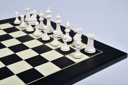 19th Century Staunton Pattern Inspired Camel Bone Chess Set in Black Dyed & Bleached White - 3.6