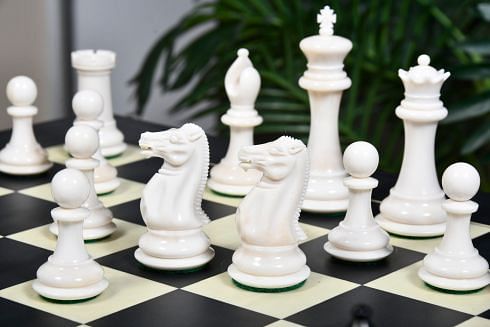 19th Century Staunton Pattern Inspired Camel Bone Chess Set in Black Dyed & Bleached White - 3.6