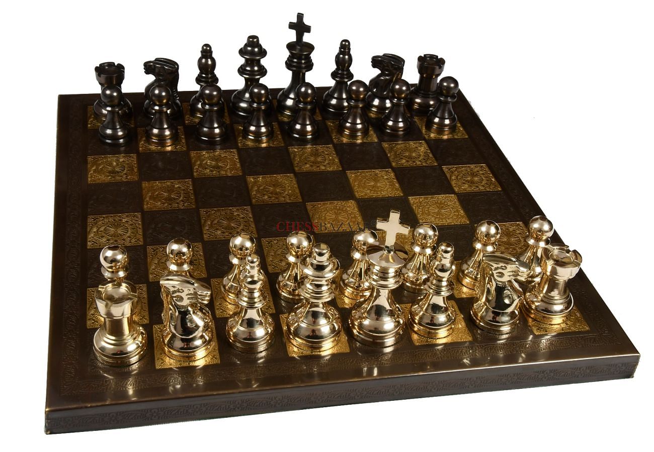 Brass Metal Luxury Chess Pieces & Board Combo Set in Shiny Gold