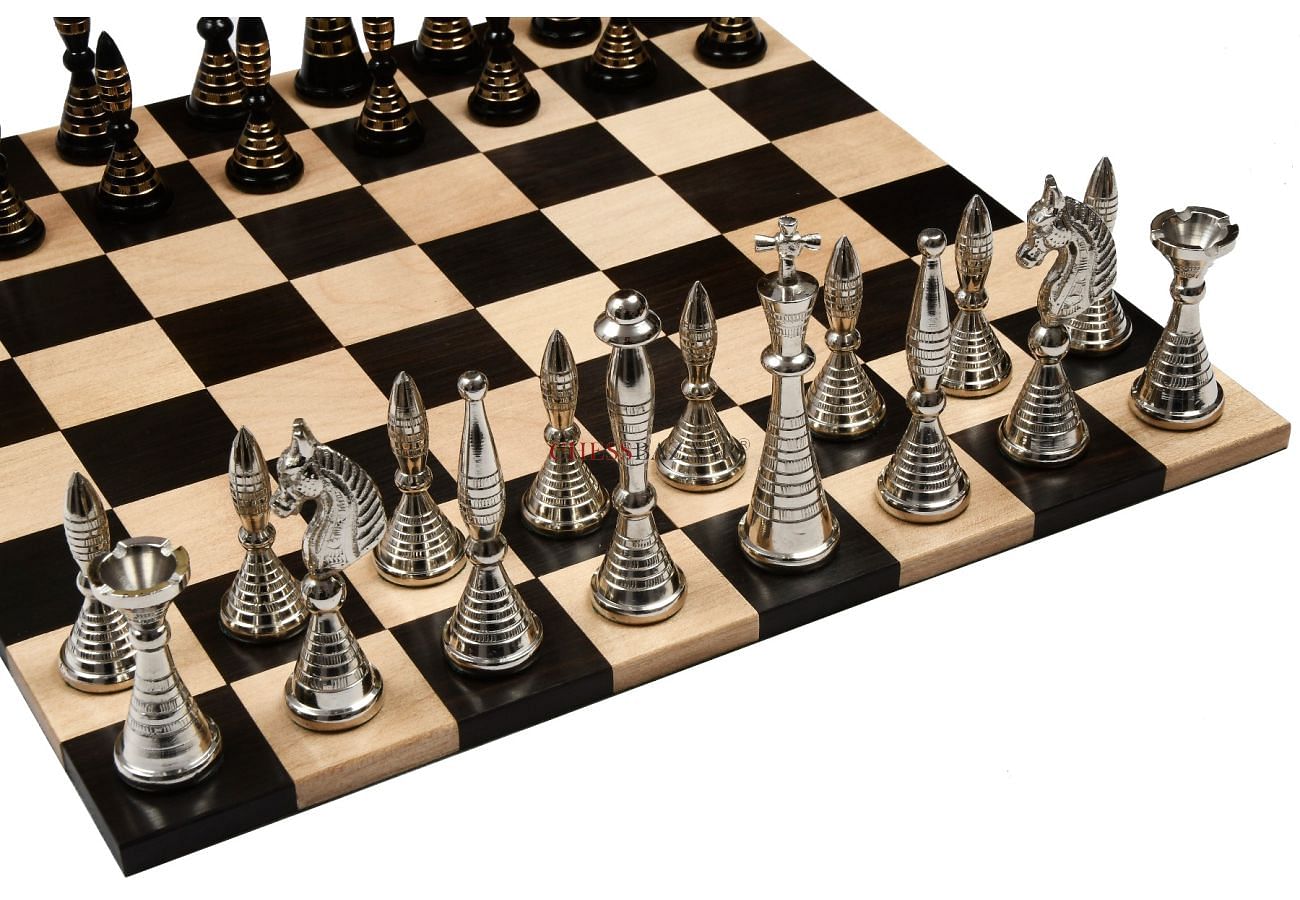 Combo Of Brass Metal Triple Weighted 32 Chess Pieces In Shiny Silver And  Black Color Chess