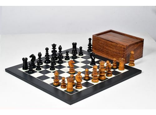 Circa 1840 Pre-Staunton Calvert Library Size Chess Set - 3.3" King in Genuine Ebony & Antiqued Boxwood with Board & Storage Box