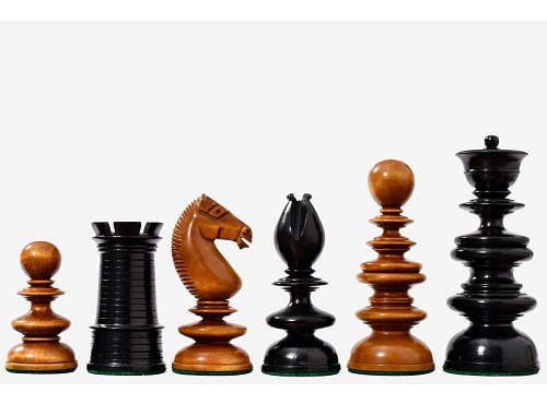 Circa 1840 Pre-Staunton Calvert Library Size 3.3 Inch Chessmen in Genuine Ebony & Antiqued Boxwood