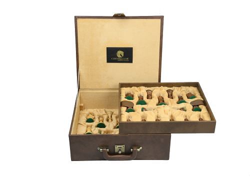 Brown Leatherette Chess Set Storage Box Coffer with Double Tray Fixed Slots for 4.2" - 4.8" Pieces