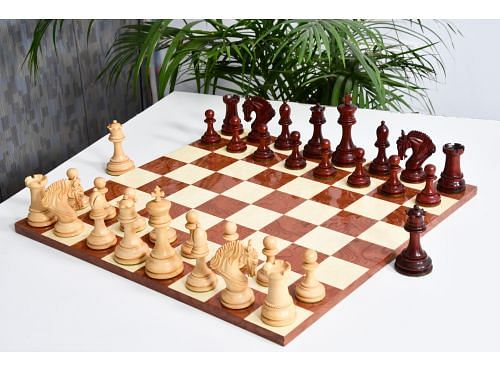 Excalibur Luxury Artisan Series Chess Pieces in Bud Rosewood / Box Wood - 4.6" King with Hi Gloss Finish Borderless Chess Board