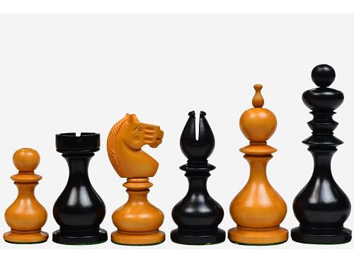 Reproduced Antique Series Dublin Pattern Calvert Chess Pieces in Ebonized Boxwood & Antiqued Boxwood - 4.1" King