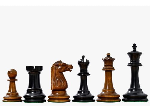 Circa 1887 Turner Teich Soviet-Staunton Style Weighted 4" Chess Pieces in Ebony & Antiqued Boxwood
